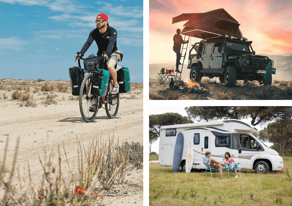 Collage mit Grillgerichten, Wohnmobil, SUV und Foodtruck von Grillnik in ländlicher Umgebung