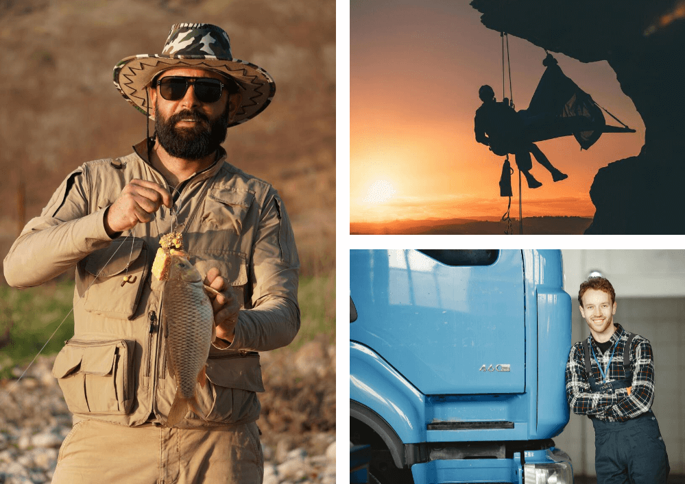 Collage mit Grillfisch, LKW_Fahrer und Klett-Gewürzen auf Hintergrund