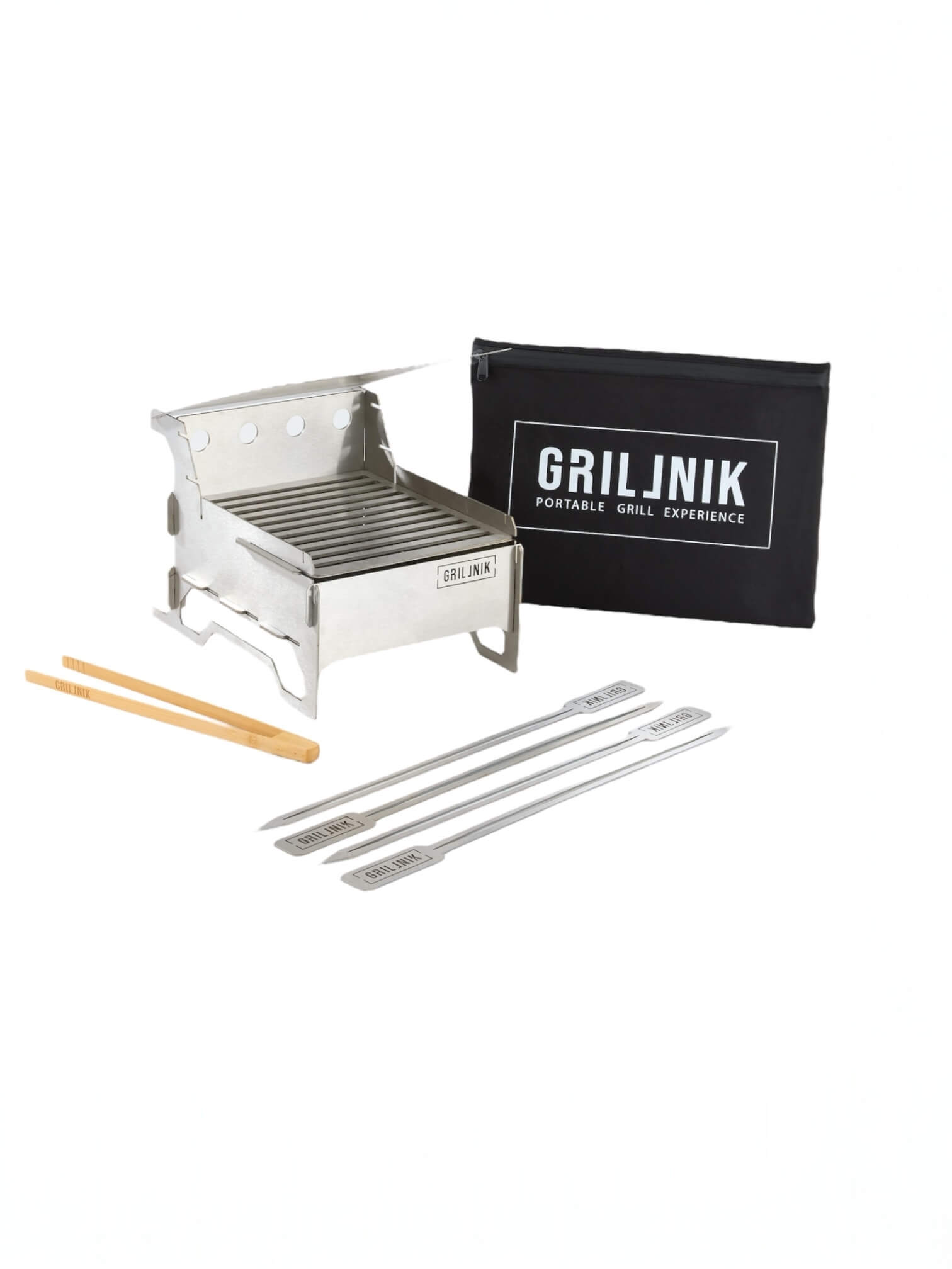 GrillNik GRILL S 6 in 1 Edelstahl Grillset für unterwegs | inkl. Spieße, Zange & Tasche